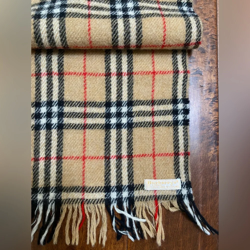 Burberry Tan Plaid Cashmere-Style Men's Scarf with Black and Red Accents